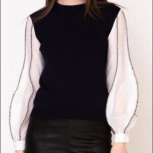 Gracia Contrast Sleeve mixed material long sleeved shirt top blouse black M